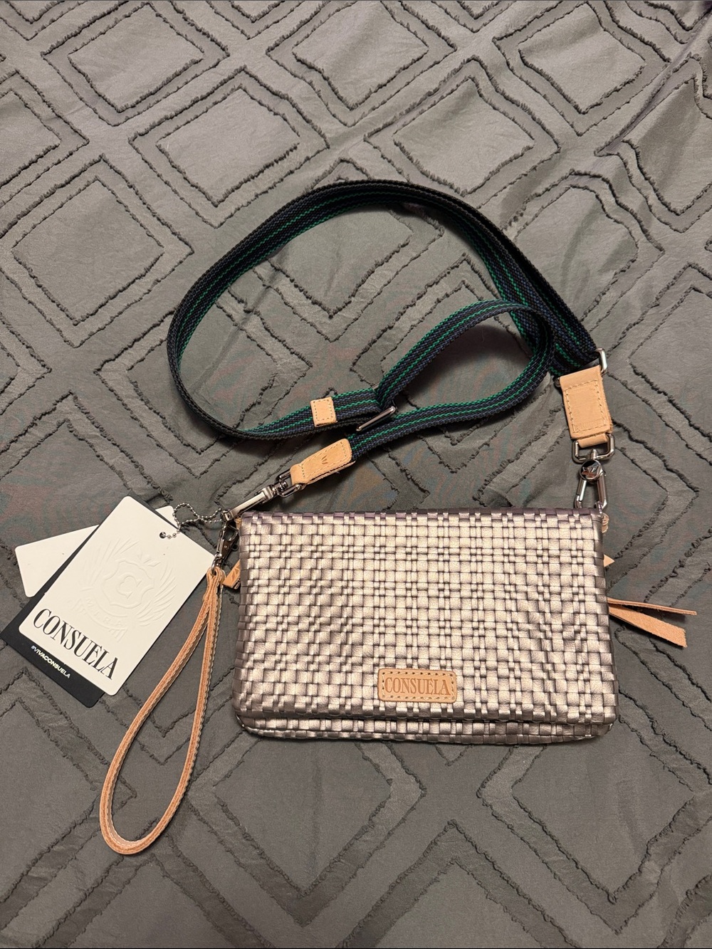 Consuela Silver Woven Crossbody with Black & Green Strap